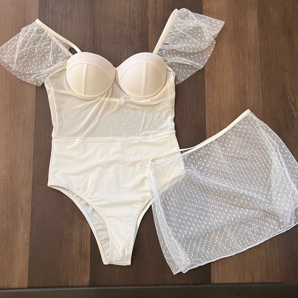 White Angel Bathing Suit with Lace skirt Size S NWOT